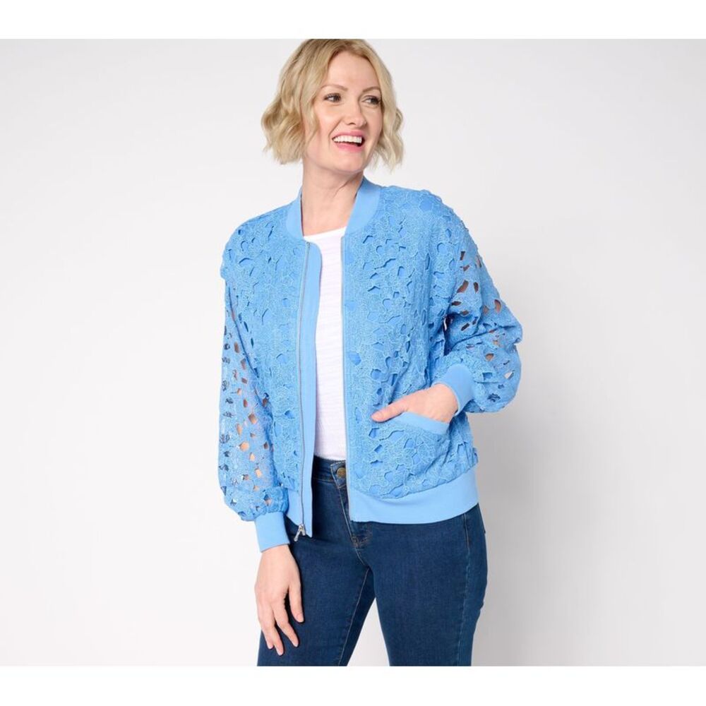 Isaac Mizrahi Live! Women's Plus Sz Jacket 5X Zip Front Lace Bomber Blue A645030